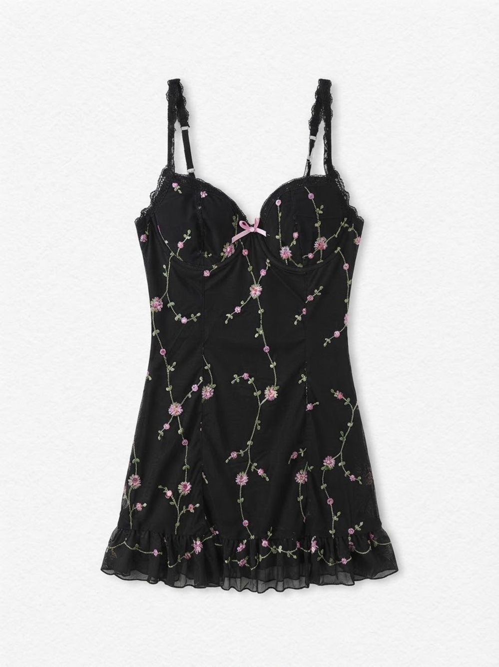 Sugar Thrillz Black Floral Embroidered Mesh Babydoll Slip Dress Size XXL nwot